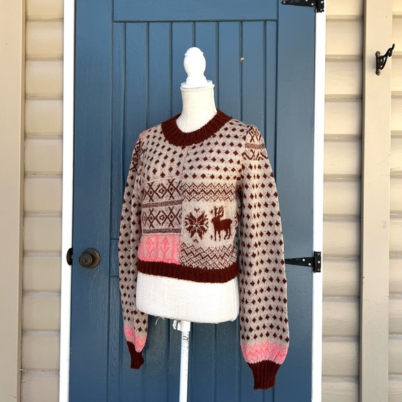 Free People Snow Globe Pullover Pink Brown Patterned Sweater Women’s Size S/M - Picture 2 of 8